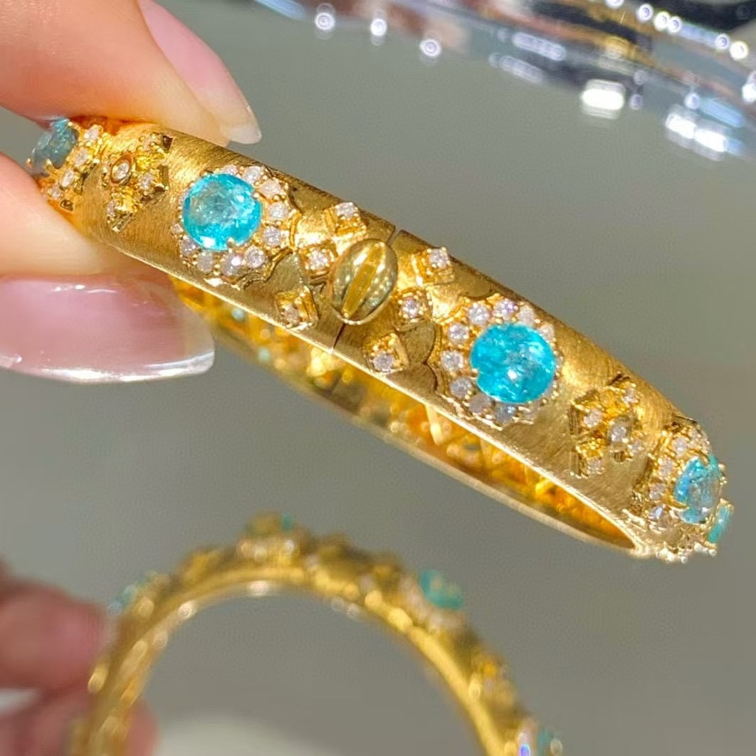 14k Gold 5.2 Ct Natural Paraiba Tourmaline & Diamond Bangle - 6