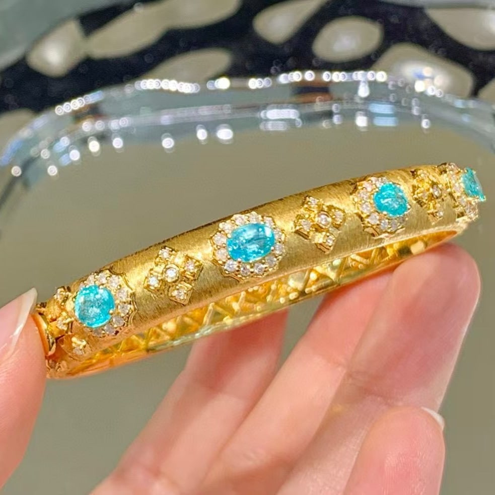14k Gold 5.2 Ct Natural Paraiba Tourmaline & Diamond Bangle - 7