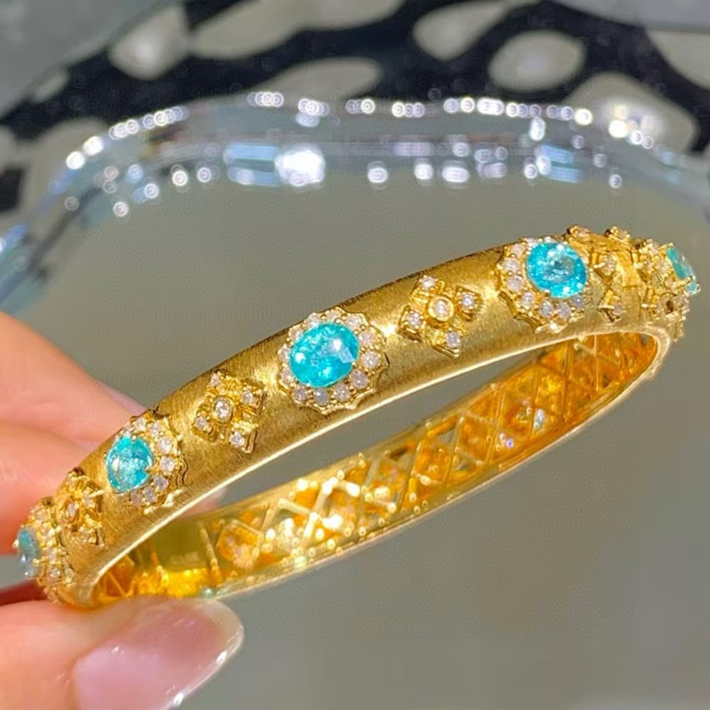 14k Gold 5.2 Ct Natural Paraiba Tourmaline & Diamond Bangle - 8