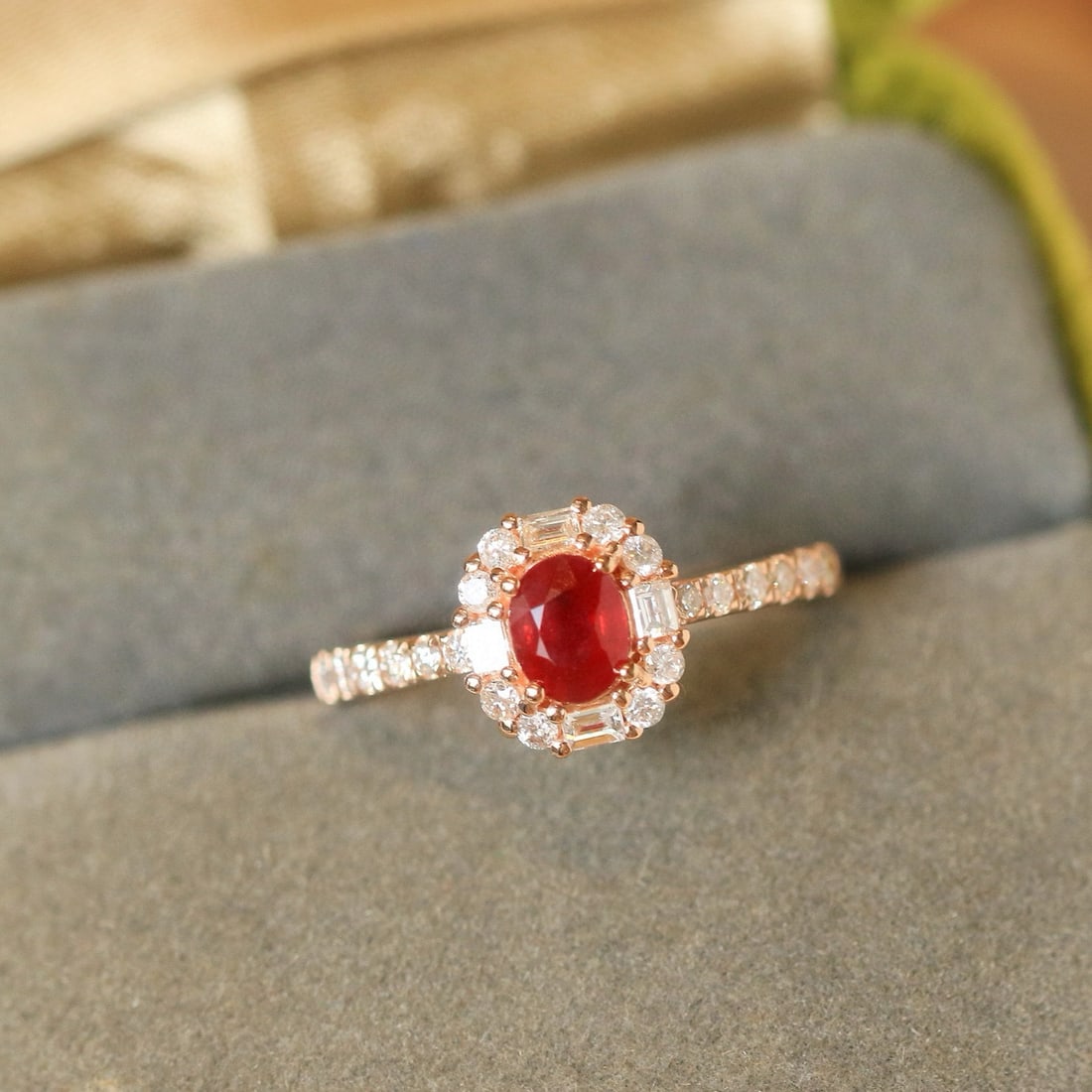 14k Gold 0.95 Ctw Natural Ruby & Diamond Ring: Ref:230988241 // gold content:14k gold // ring size:7. 25us // // main gemstone:ruby // shape:oval // carat weight:0. 56ct // color:pigeonblood red // treatment:natural // // adjacent gemstone 2 :