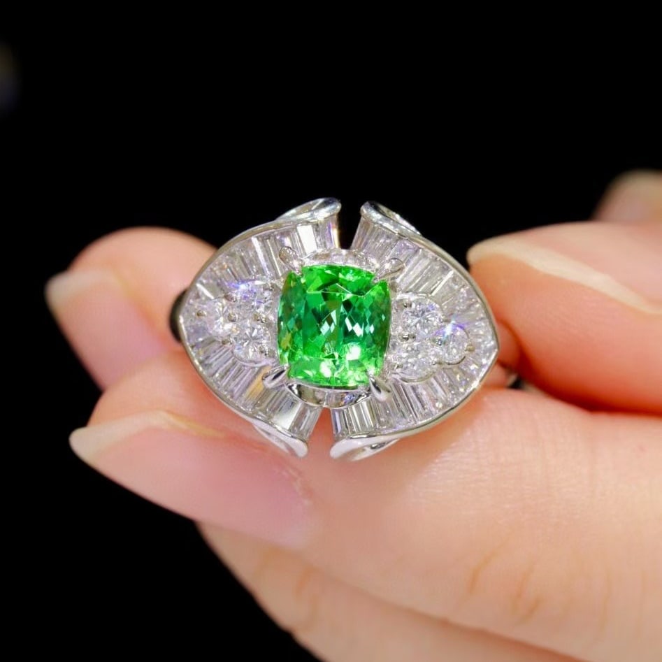 14k Gold 1.74 Ctw Natural Tourmaline & Diamond Ring: Ref:230988258 // gold content:14k gold // ring size:7. 25us // // main gemstone:tourmaline // shape:cushion // carat weight:1. 08ct // color:green // treatment:natural // // adjacent gemstone 2 :