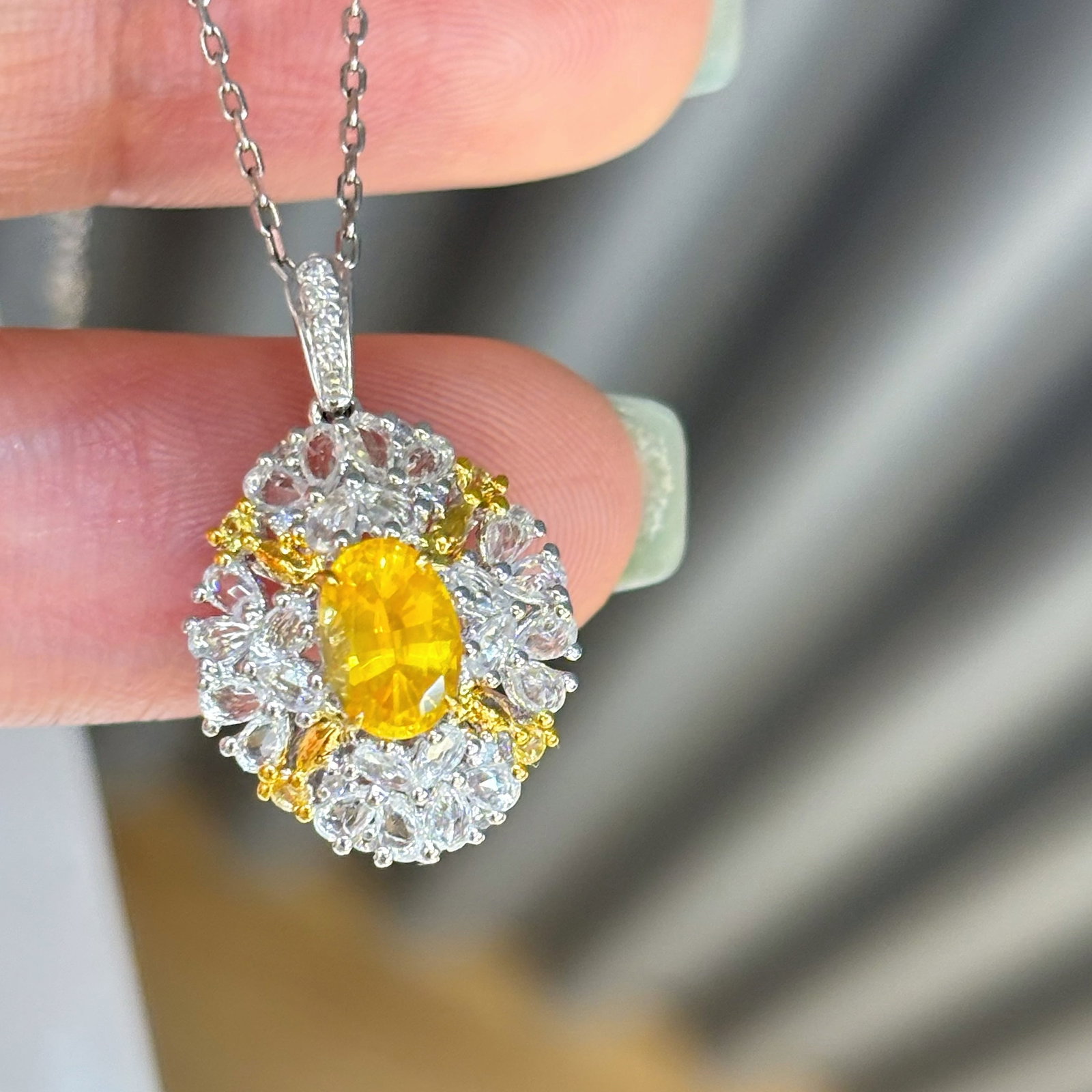 14k Gold 0.7 Ct Natural Sapphire & Diamond & Sapphire Pendant( Without Chain ): Ref:230988277 // gold content:14k gold // main gemstone:sapphire // shape:oval // carat weight:0. 7ct // color:yellow // treatment:natural // // adjacent gemstone 2 : diamond // shape:round //