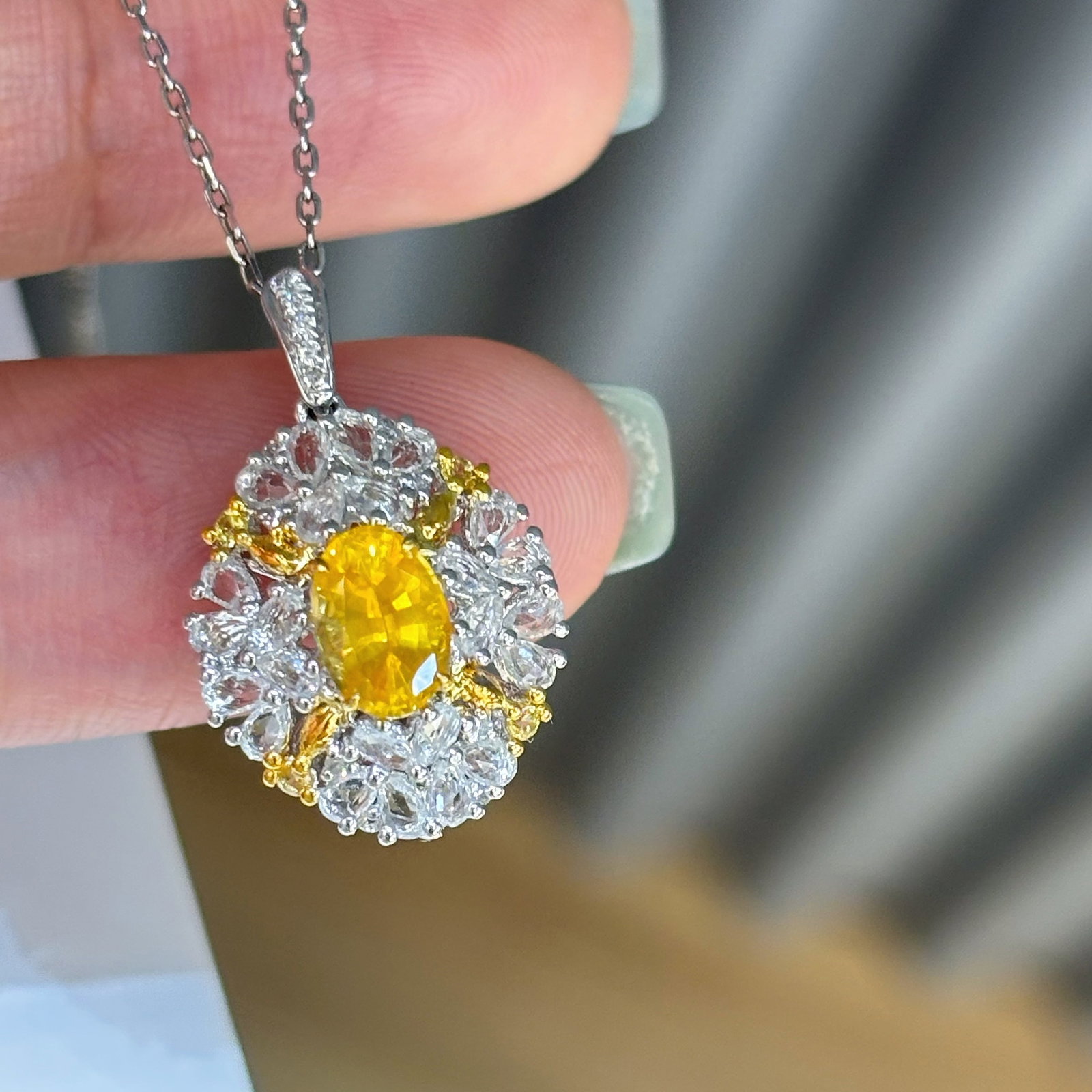 14k Gold 0.7 Ct Natural Sapphire & Diamond & Sapphire Pendant( Without Chain ) - 2