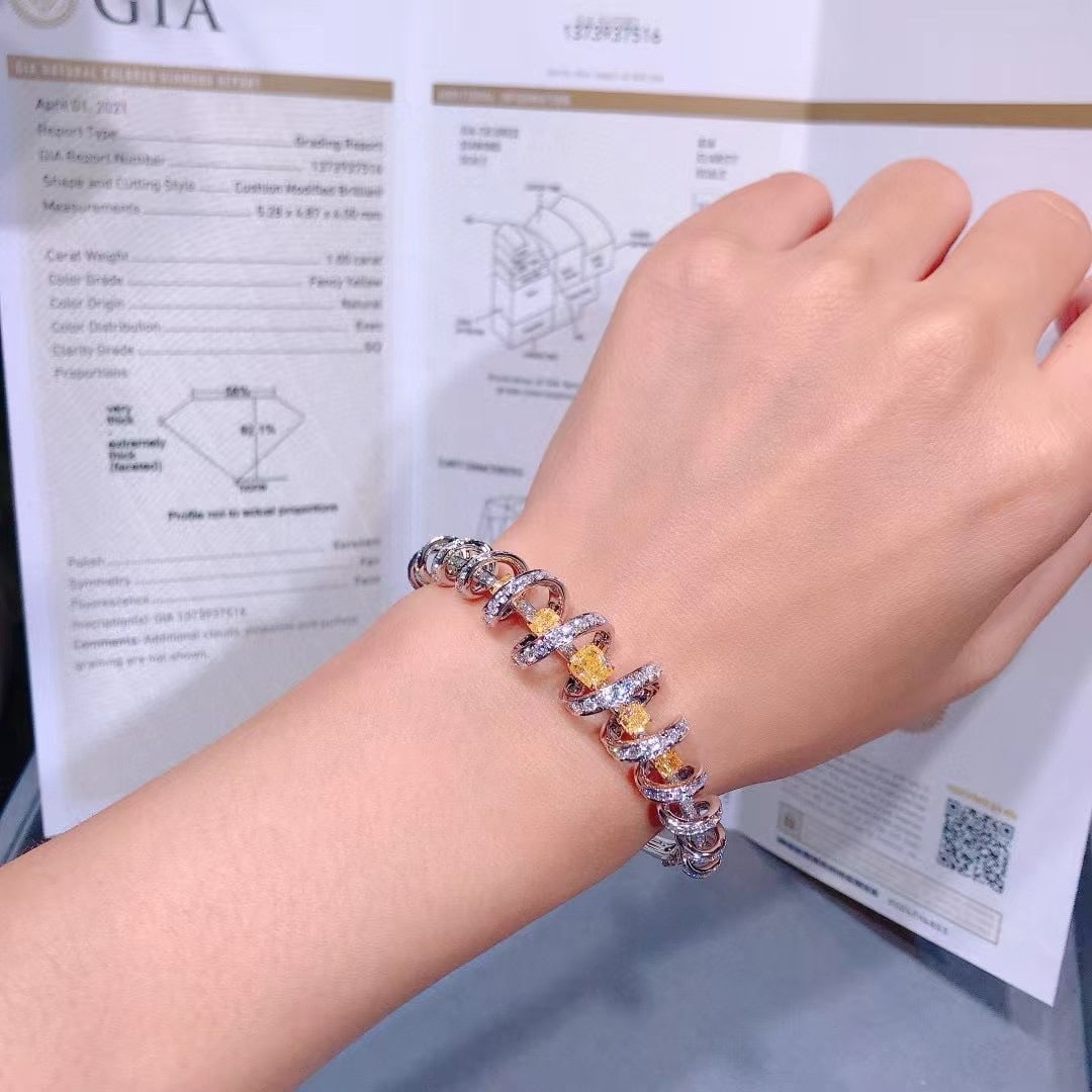 Gia Certified 14k Gold 6.17 Ctw Natural Yellow Diamond & Diamond Bangle - 2