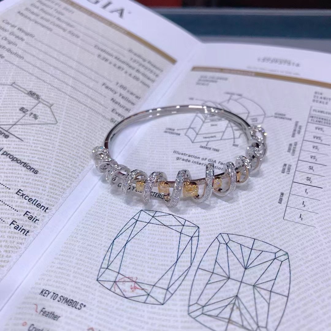 Gia Certified 14k Gold 6.17 Ctw Natural Yellow Diamond & Diamond Bangle - 3