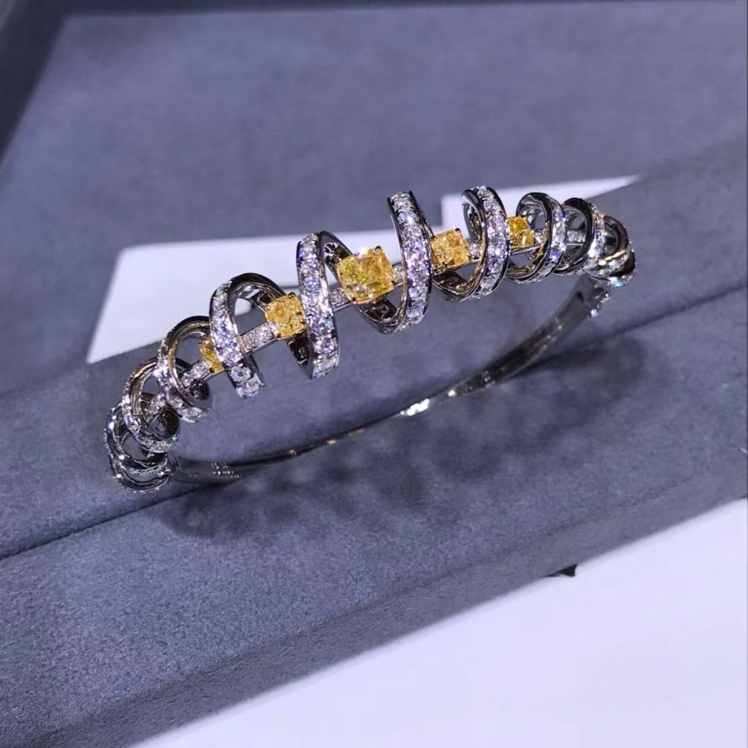 Gia Certified 14k Gold 6.17 Ctw Natural Yellow Diamond & Diamond Bangle - 4