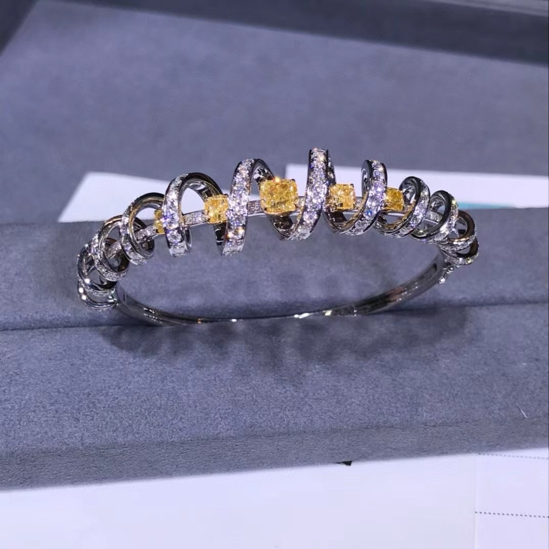 Gia Certified 14k Gold 6.17 Ctw Natural Yellow Diamond & Diamond Bangle - 5