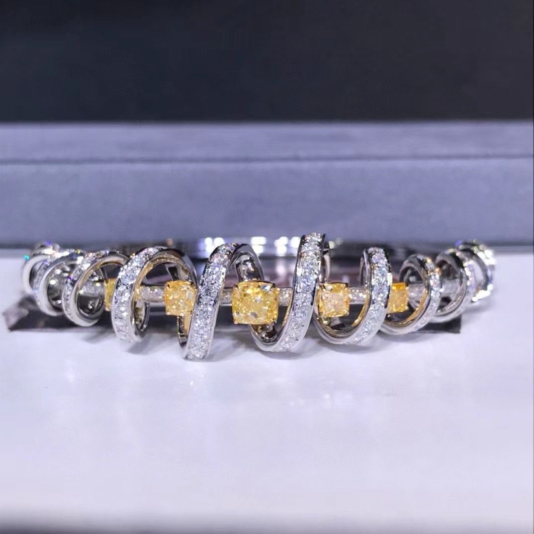 Gia Certified 14k Gold 6.17 Ctw Natural Yellow Diamond & Diamond Bangle - 6