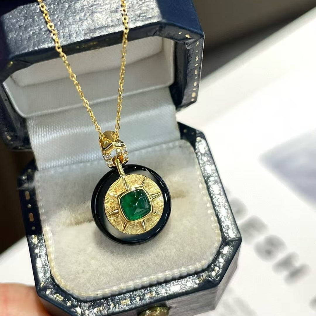 14k Gold 0.3 Ct Vivid Green Natural Emerald & Diamond Pendant( Without Chain ) - 2