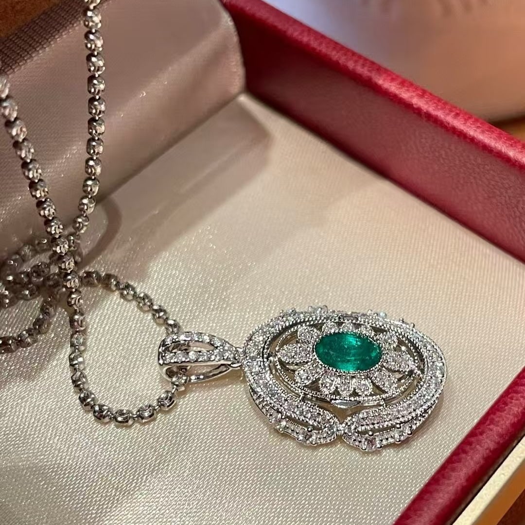 14k Gold 0.5 Ct Vivid Green Natural Emerald & Diamond Pendant( Without Chain ) - 2