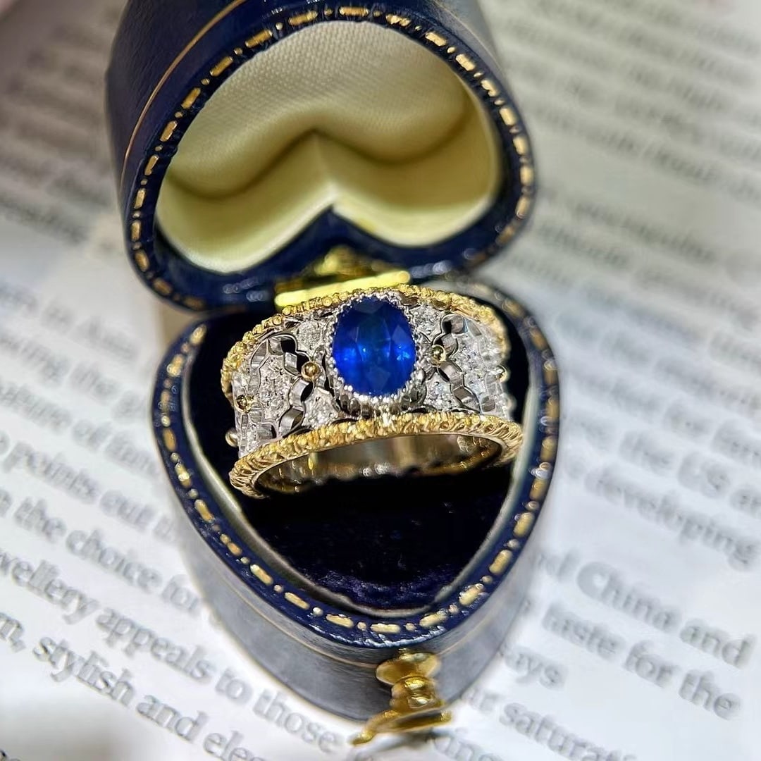 14k Gold 1.44 Ctw Natural Sapphire & Diamond Ring: Ref:230988298 // gold content:14k gold // ring size:7. 25us // // main gemstone:sapphire // shape:oval // carat weight:1. 14ct // color:royal blue // treatment:natural // // adjacent gemstone 2 :