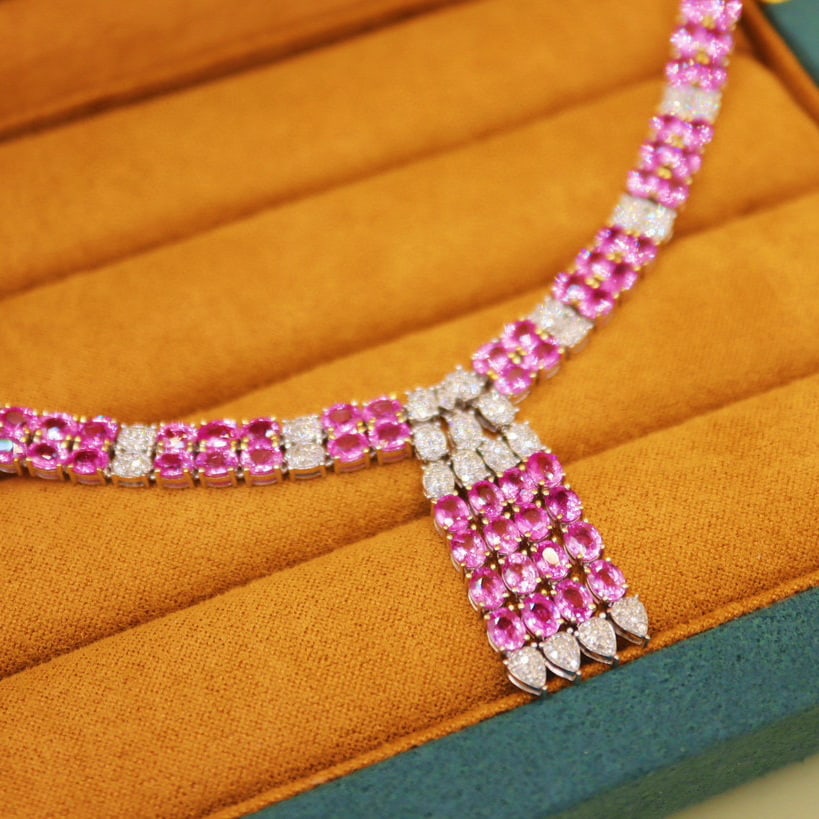 14k Gold 19.42 Ctw Natural Padparadscha Sapphire & Diamond Necklace - 2
