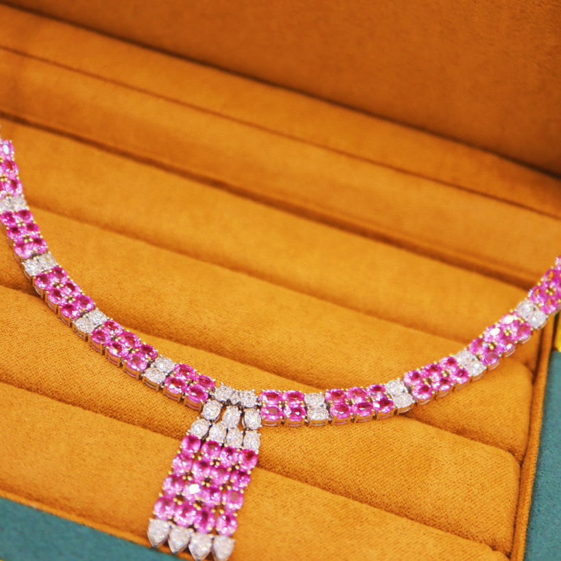 14k Gold 19.42 Ctw Natural Padparadscha Sapphire & Diamond Necklace - 3