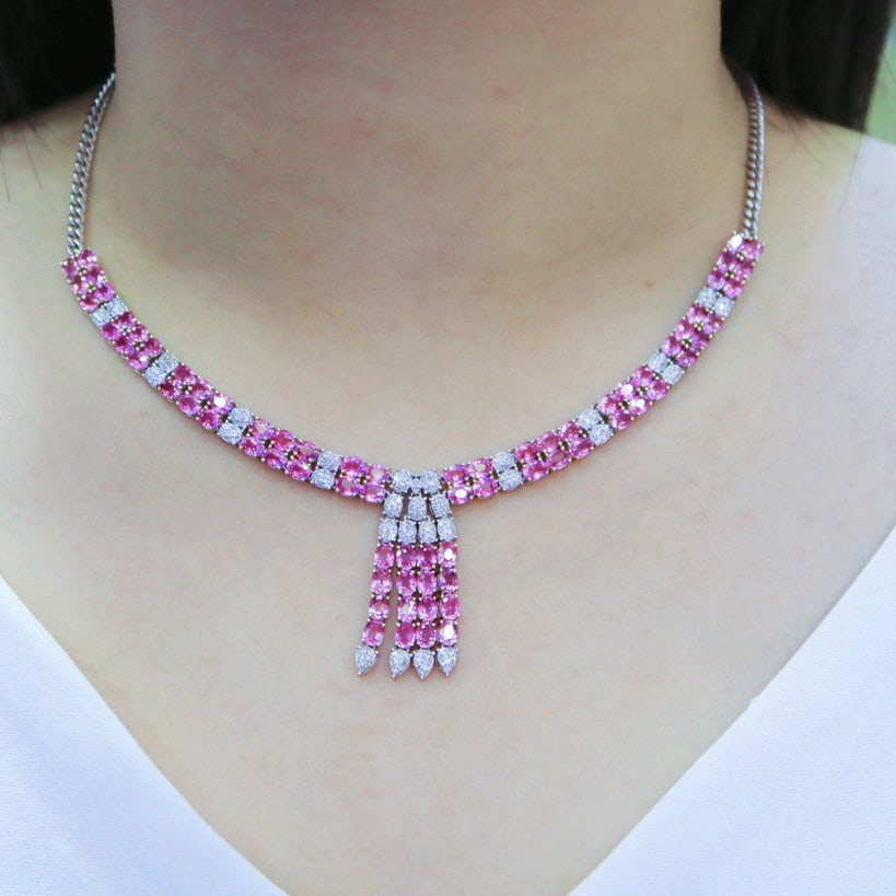 14k Gold 19.42 Ctw Natural Padparadscha Sapphire & Diamond Necklace - 5