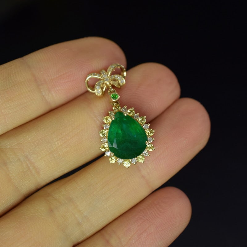 14k Gold 3.78 Ctw Vivid Green Natural Emerald & Diamond Pendant( Without Chain ) - 2