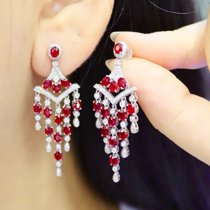 14k Gold 5.65 Ctw Vivid Red Natural Ruby & Diamond Earrings - 5