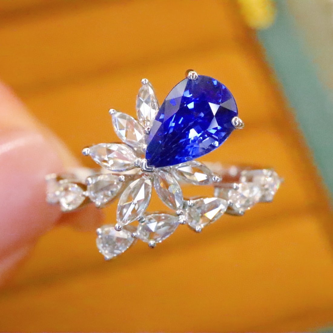 14k Gold 1.74 Ctw Natural Sapphire & Diamond Ring: Ref:230988321 // gold content:14k gold // ring size:7. 25us // // main gemstone:sapphire // shape:pear // carat weight:1. 29ct // color:royal blue // treatment:natural // // adjacent gemstone 2 : diam