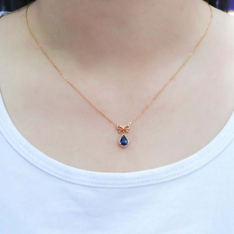 14k Gold 1.0 Ct Natural Sapphire & Diamond Necklace - 5