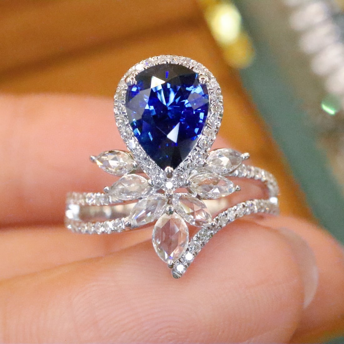14k Gold 2.11 Ctw Natural Sapphire & Diamond Ring: Ref:230988339 // gold content:14k gold // ring size:7. 25us // // main gemstone:sapphire // shape:pear // carat weight:1. 56ct // color:royal blue // treatment:natural // // adjacent gemstone 2 :