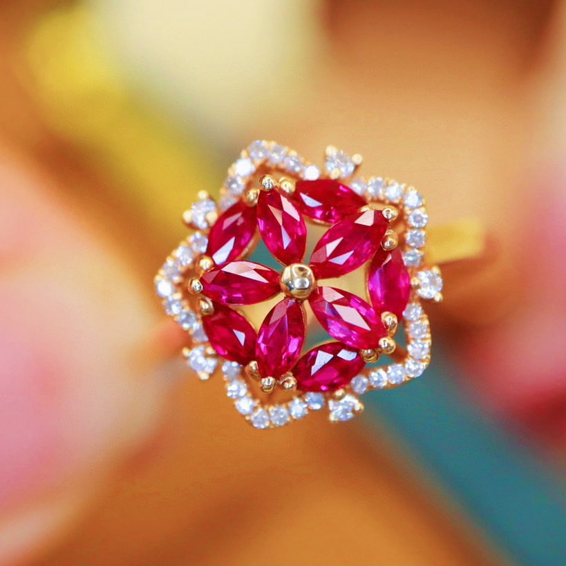 14k Gold 1.25 Ctw Natural Ruby & Diamond Ring: Ref:230988343 // gold content:14k gold // ring size:7. 25us // // main gemstone:ruby // shape:marquise // carat weight:1. 1ct // color:red // treatment:natural // // adjacent gemstone 2 : diamond // n