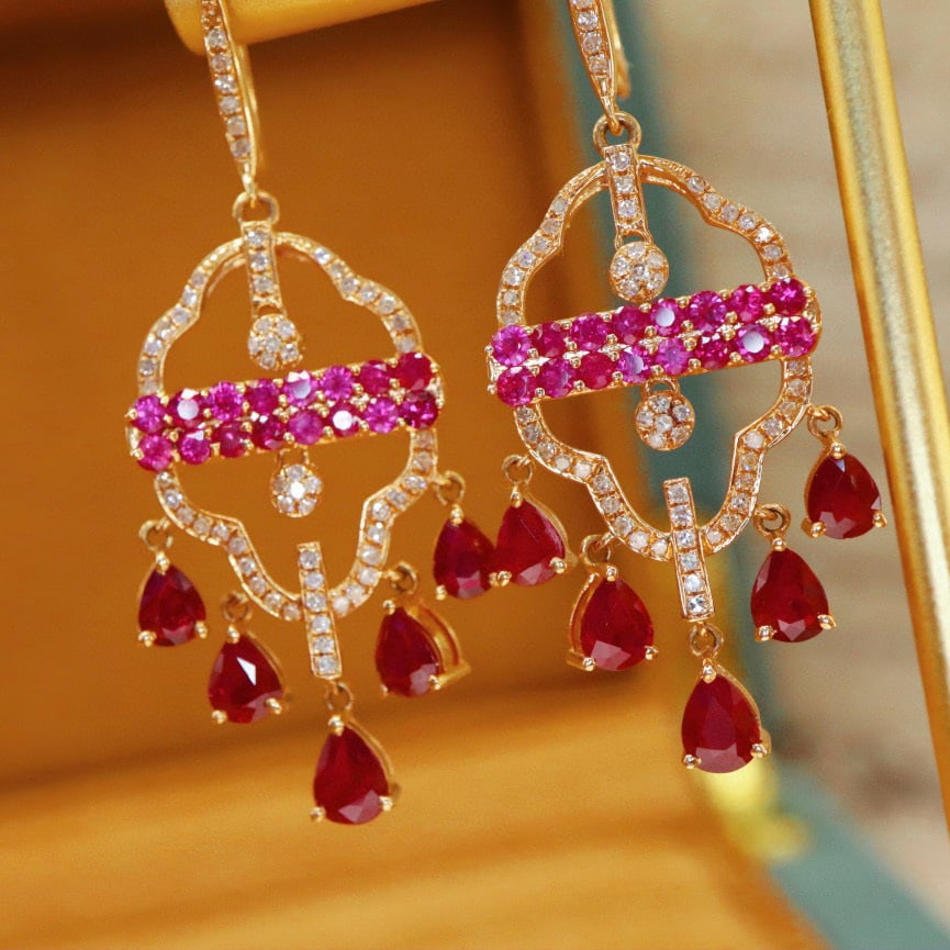 14k Gold 3.22 Ctw Natural Ruby & Ruby Earrings - 2