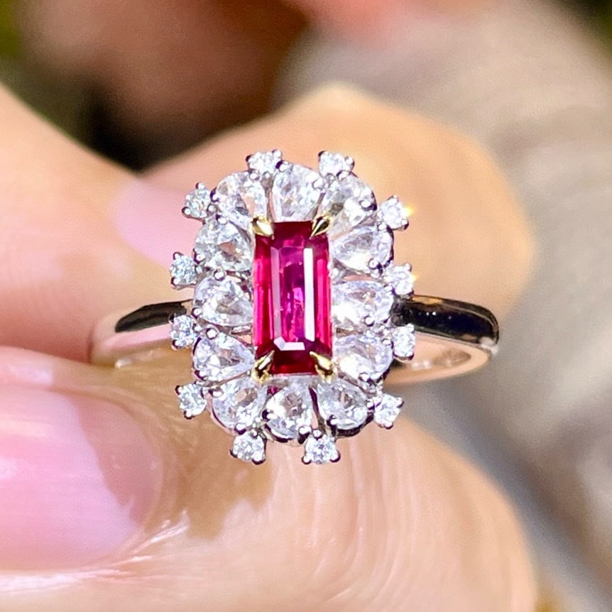 14k Gold 0.77 Ctw Natural Ruby & Diamond Ring: Ref:230988346 // gold content:14k gold // ring size:7. 25us // // main gemstone:ruby // shape:octagonal // carat weight:0. 65ct // color:red // treatment:natural // // adjacent gemstone 2 : diamond