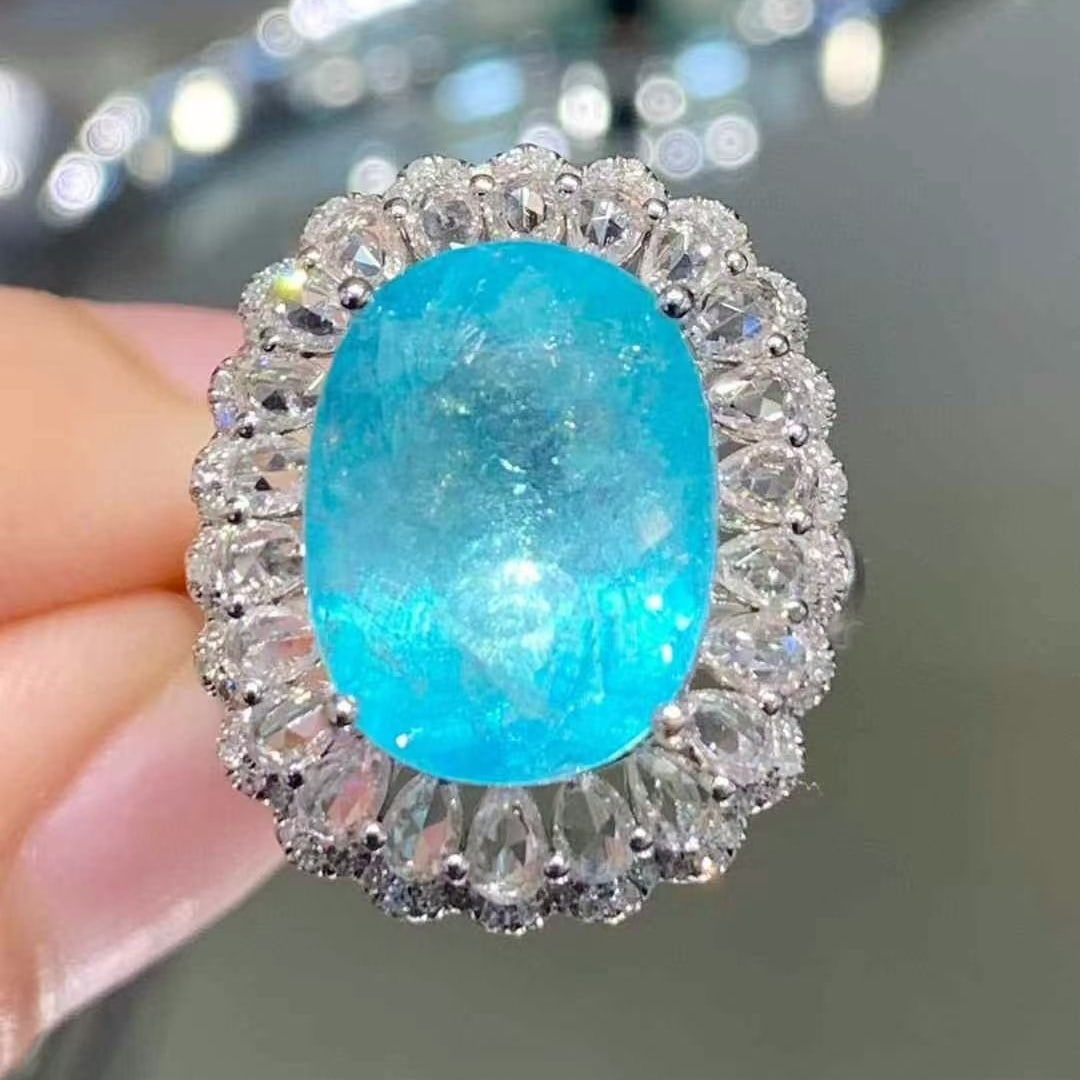 14k Gold 7.56 Ct Natural Paraiba Tourmaline & Sapphire & Diamond Ring - 2