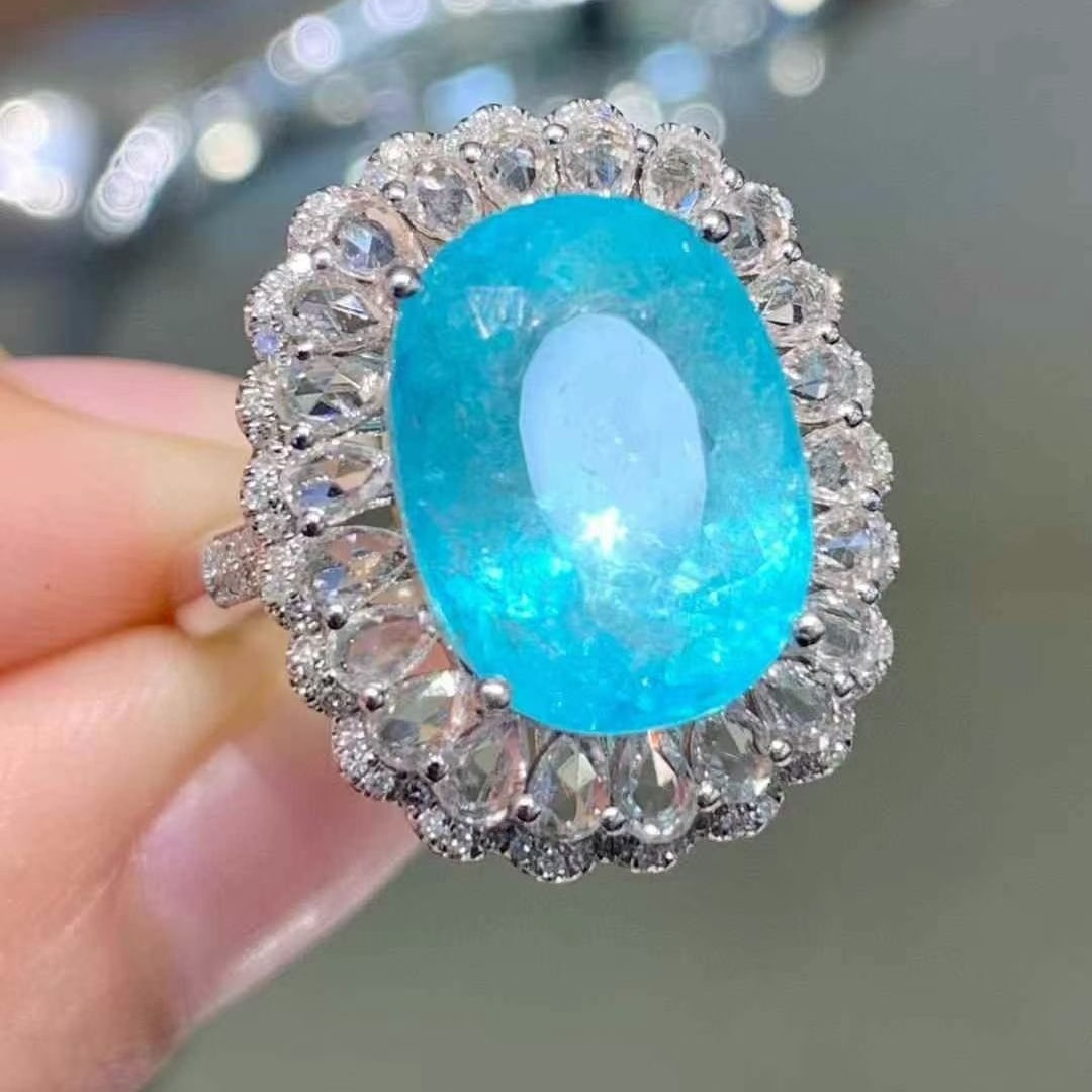 14k Gold 7.56 Ct Natural Paraiba Tourmaline & Sapphire & Diamond Ring - 4
