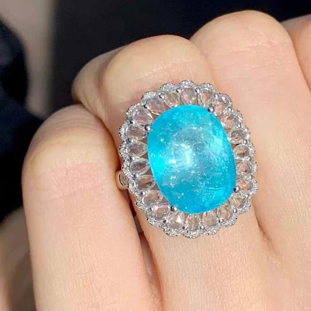 14k Gold 7.56 Ct Natural Paraiba Tourmaline & Sapphire & Diamond Ring - 5
