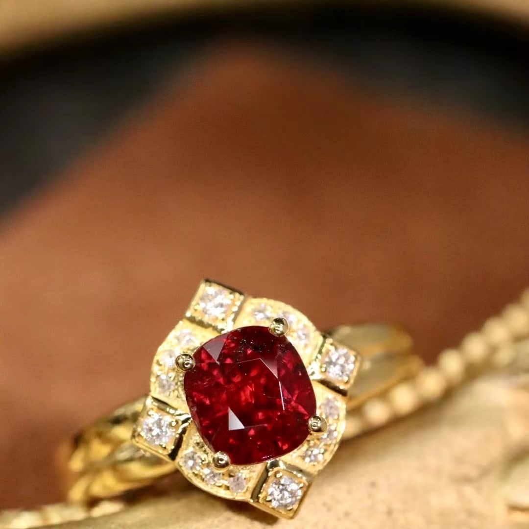 14k Gold 1.31 Ctw Natural Ruby & Diamond Ring: Ref:230988356 // gold content:14k gold // ring size:7. 25us // // main gemstone:ruby // shape:cushion // carat weight:1. 19ct // color:pigeonblood red // treatment:natural // // adjacent gemstone 2 : 