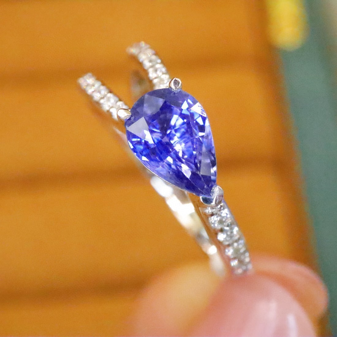14k Gold 1.30 Ctw Natural Sapphire & Diamond Ring: Ref:230988361 // gold content:14k gold // ring size:7. 25us // // main gemstone:sapphire // shape:pear // carat weight:1. 12ct // color:cornflower blue // treatment:natural // // adjacent gemstone 2