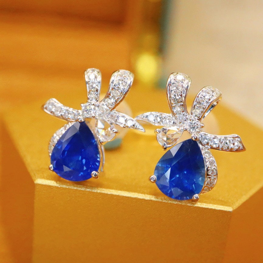 14k Gold 1.79 Ctw Natural Sapphire & Diamond Earrings - 2