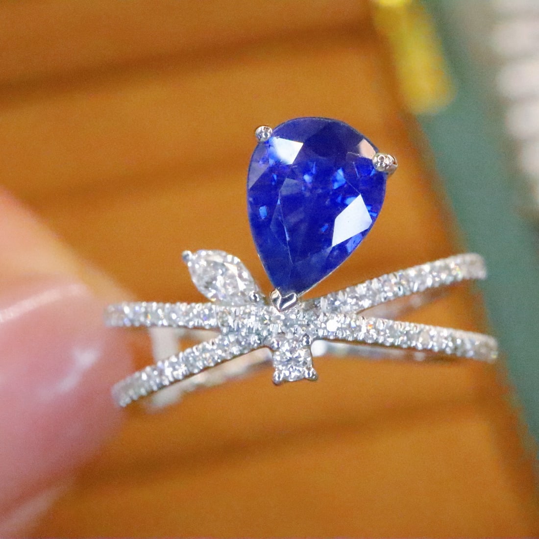14k Gold 1.59 Ctw Natural Sapphire & Diamond Ring: Ref:230988364 // gold content:14k gold // ring size:7. 25us // // main gemstone:sapphire // shape:pear // carat weight:1. 32ct // color:royal blue // treatment:natural // // adjacent gemstone 2 :