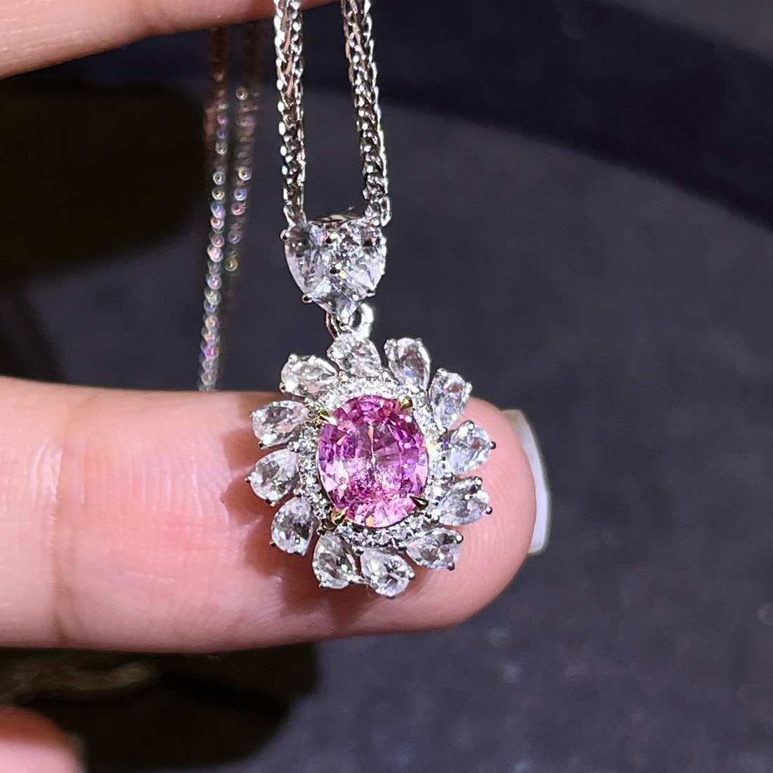 14k Gold 0.83 Ctw Natural Padparadscha Sapphire & Diamond Pendant( Without Chain ): Ref:230988368 // gold content:14k gold // main gemstone:padparadscha sapphire // shape:oval // carat weight:0. 77ct // color:orangish pink // treatment:natural // // adjacent gemstone 2 : diamond //