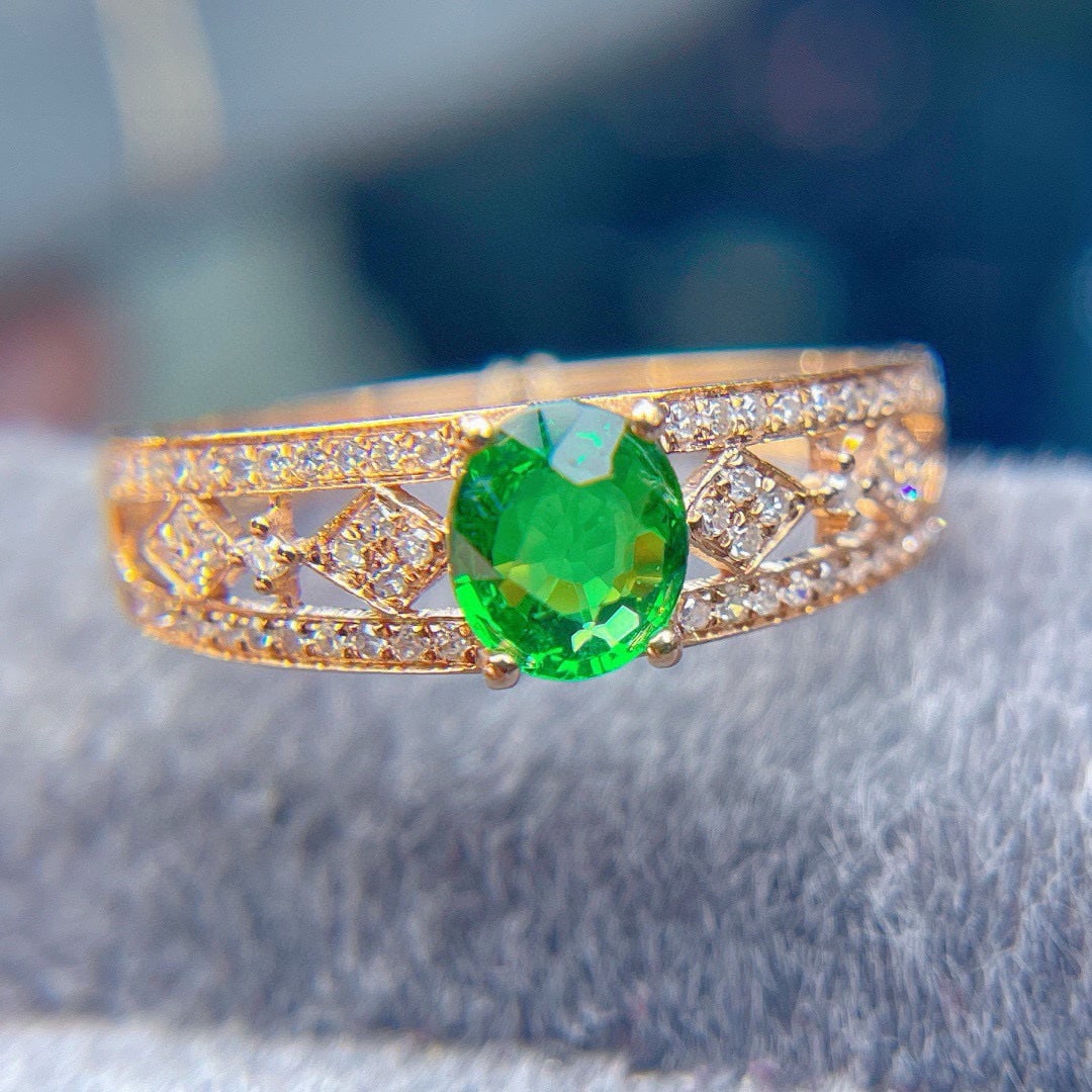 14k Gold 0.9 Ct Natural Tsavorite & Diamond Ring - 2