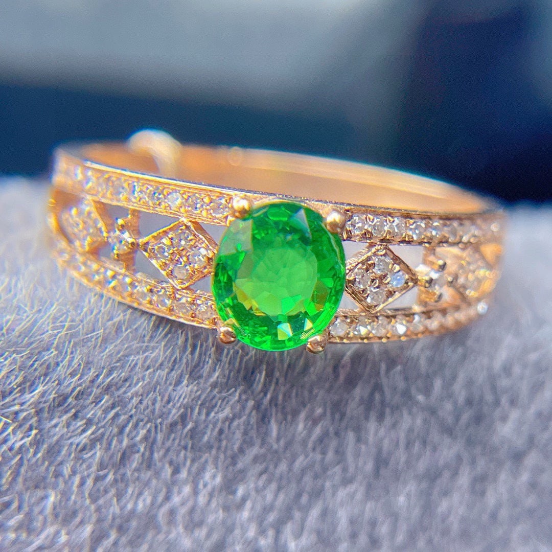 14k Gold 0.9 Ct Natural Tsavorite & Diamond Ring - 6
