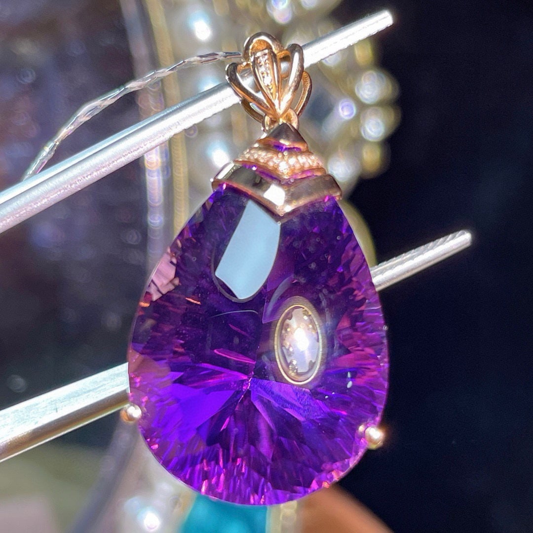 14k Gold 34.25 Ct Natural Amethyst & Diamond Pendant( Without Chain ) - 2