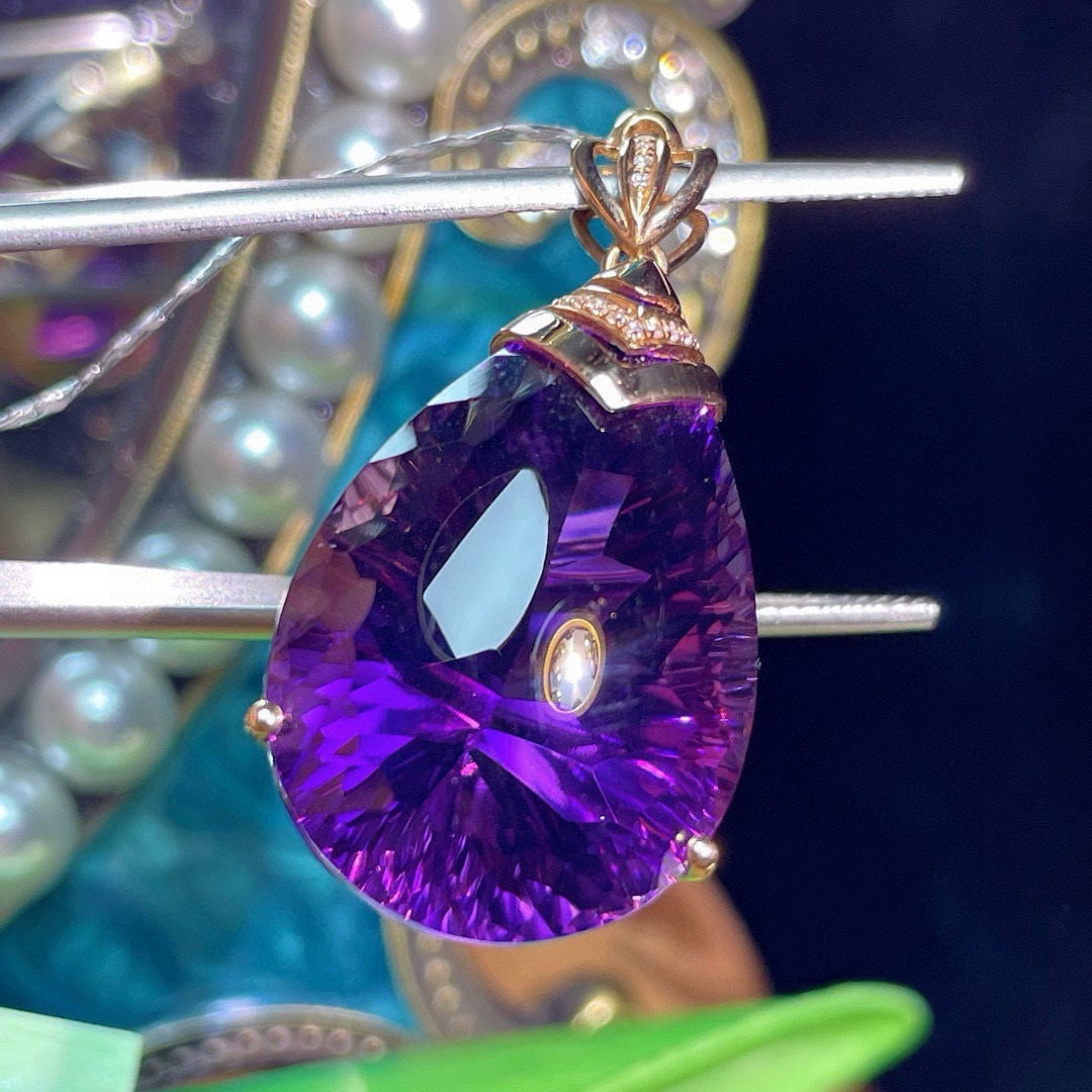 14k Gold 34.25 Ct Natural Amethyst & Diamond Pendant( Without Chain ) - 4