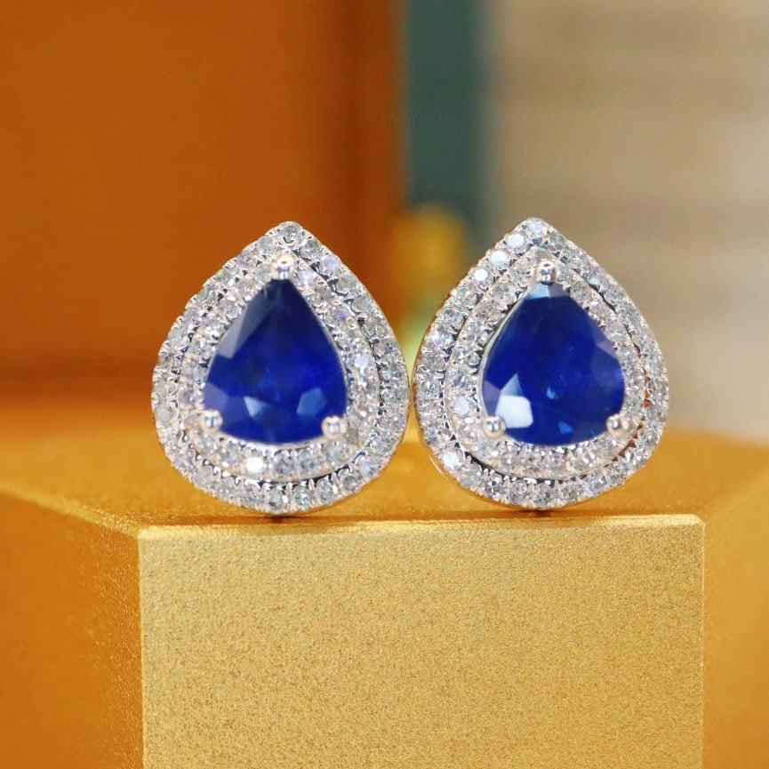 14k Gold 1.52 Ctw Natural Sapphire & Diamond Earrings: Ref:230988383 // gold content:14k gold // main gemstone:sapphire // shape:pear // carat weight:1. 20ct // color:royal blue // treatment:natural // // adjacent gemstone 2 : diamond // number of