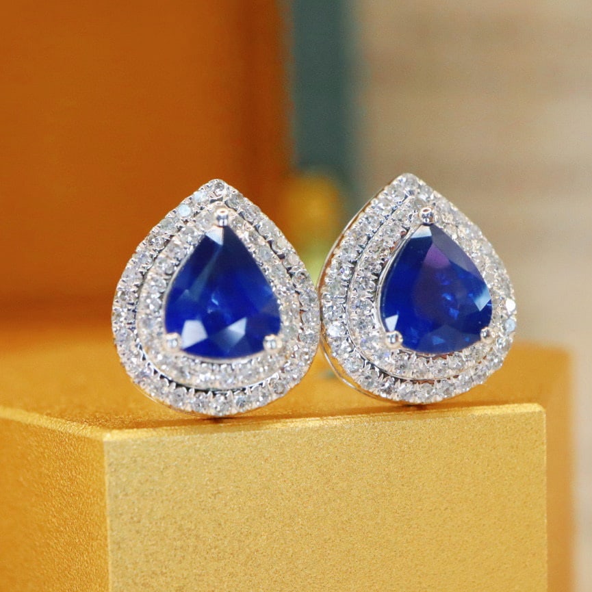 14k Gold 1.52 Ctw Natural Sapphire & Diamond Earrings - 2