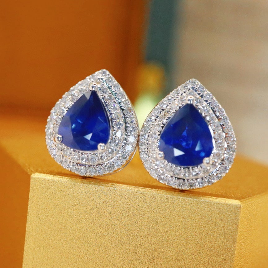 14k Gold 1.52 Ctw Natural Sapphire & Diamond Earrings - 3
