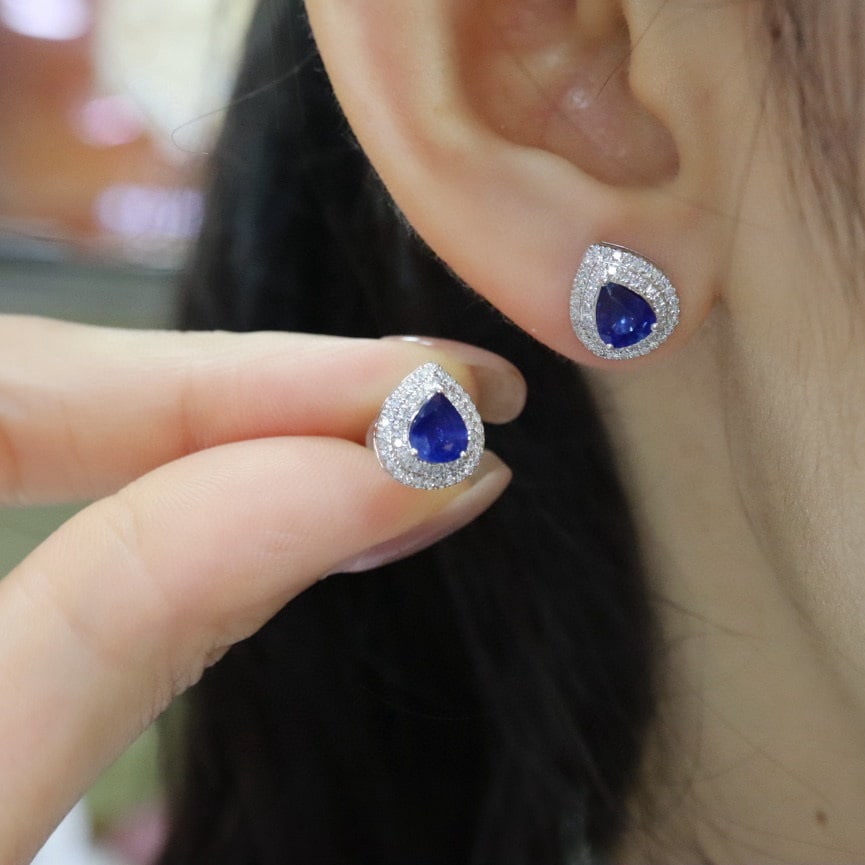14k Gold 1.52 Ctw Natural Sapphire & Diamond Earrings - 5