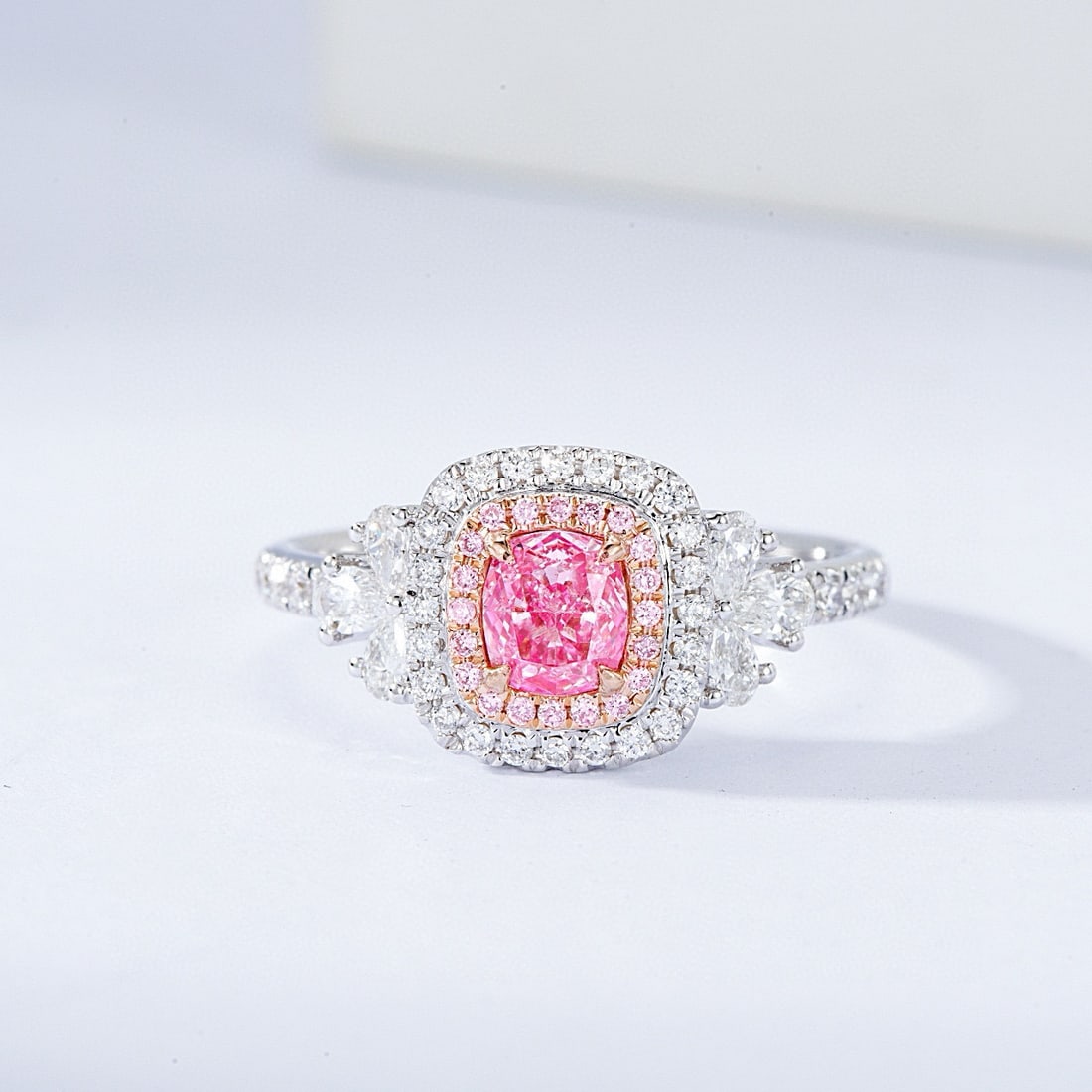 14k Gold 1.14 Ctw Natural Pink Diamond & Diamond Ring: Ref:230988390 // gold content:14k gold // ring size:7. 25us // // main gemstone:pink diamond // shape:cushion // carat weight:0. 51ct // color:pink // treatment:natural // // adjacent gemstone 2 : dia