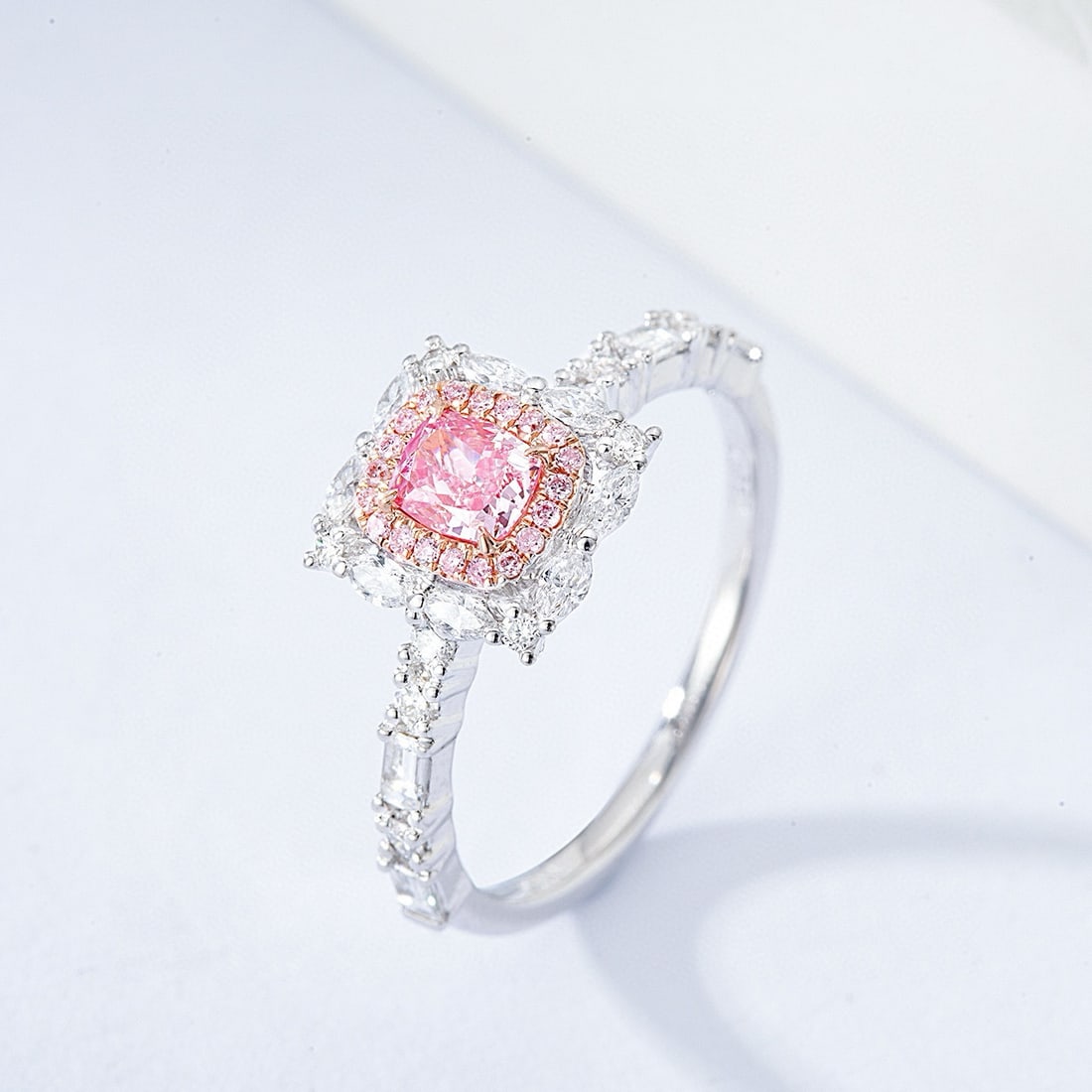 Gia Certified 14k Gold 0.93 Ctw Natural Pink Diamond & Diamond Ring: Ref:230988391 // gold content:14k gold // ring size:7. 25us // // main gemstone:pink diamond // certified:gia // shape:cushion // carat weight:0. 37ct // clarity grade:vs1 // color:pink // treatment:n
