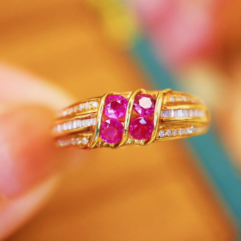 14k Gold 0.82 Ctw Natural Ruby & Diamond Ring: Ref:230988392 // gold content:14k gold // ring size:7. 25us // // main gemstone:ruby // shape:round // carat weight:0. 55ct // color:red // treatment:natural // cut grade:g // // adjacent gemstone 2