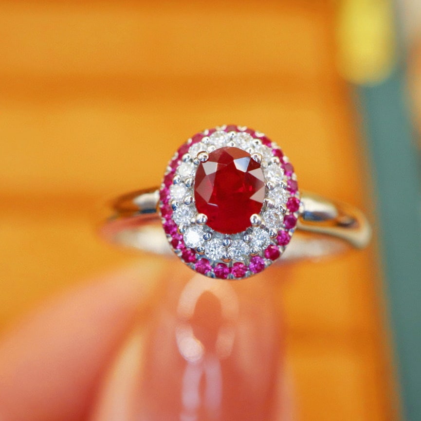 14k Gold 0.81 Ctw Natural Ruby & Ruby Ring: Ref:230988394 // gold content:14k gold // ring size:7. 25us // // main gemstone:ruby // shape:oval // carat weight:0. 66ct // color:pigeonblood red // treatment:natural // // adjacent gemstone 2 :