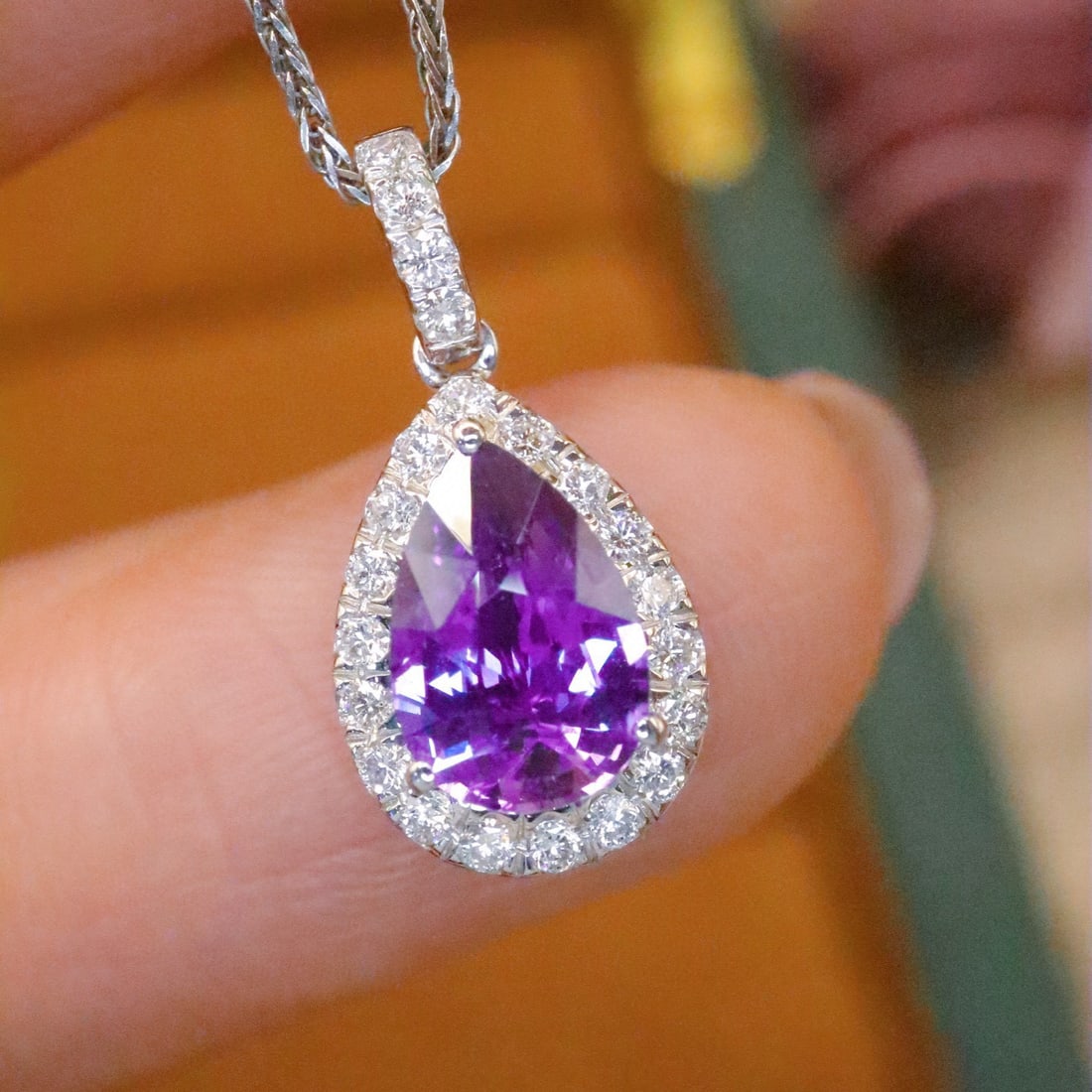 14k Gold 1.30 Ctw Natural Sapphire & Diamond Pendant( Without Chain ): Ref:230988401 // gold content:14k gold // main gemstone:sapphire // shape:pear // carat weight:1. 08ct // color:purple // treatment:natural // // adjacent gemstone 2 : diamond // number of stones:22