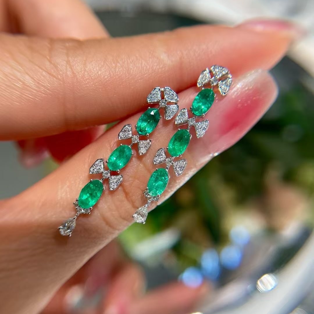 14k Gold 1.3 Ct Vivid Green Natural Emerald & Diamond Earrings - 2
