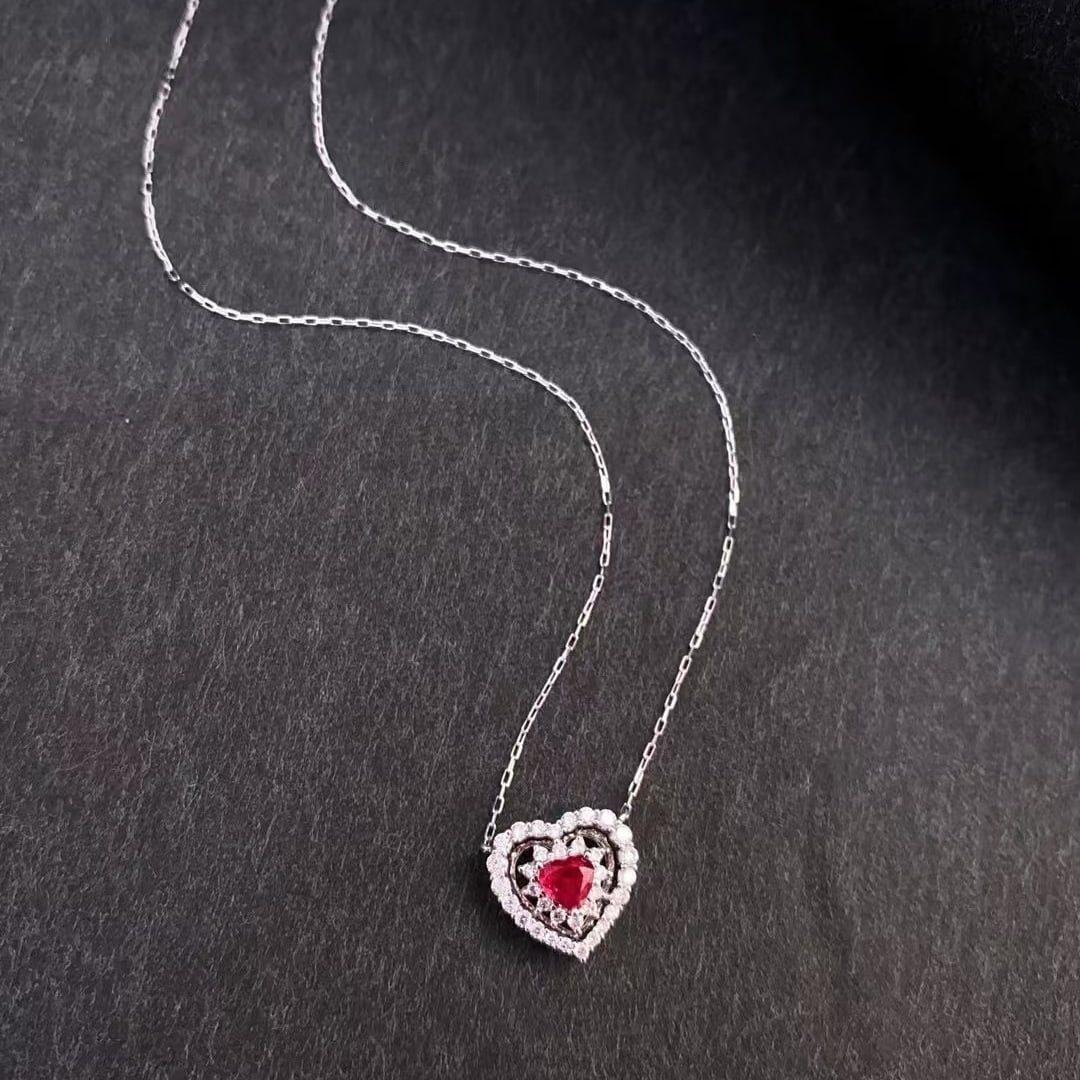 14k Gold 0.48 Ctw Natural Ruby & Diamond Necklace: Ref:230988412 // gold content:14k gold // main gemstone:ruby // shape:heart // carat weight:0. 21ct // color:pigeonblood red // treatment:natural // // adjacent gemstone 2 : diamond // shape:round //
