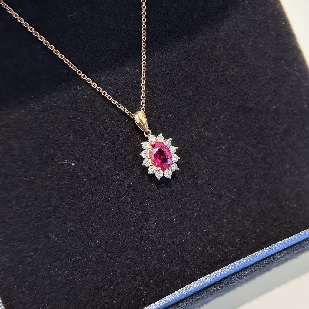 14k Gold 0.98 Ctw Natural Ruby & Diamond Necklace: Ref:230988430 // gold content:14k gold // main gemstone:ruby // shape:oval // carat weight:0. 72ct // color:red // treatment:natural // // adjacent gemstone 2 : diamond // shape:round // carat